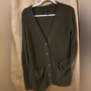 Beautiful green cardigan with patch elbows. Size large